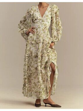 BHLDN Liana Printed V Neck Long Sleeve Maxi Dress Whimsy Cottagecore Womens XS